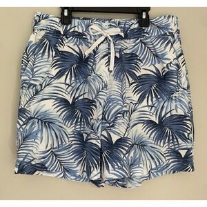 Talbots Linen Blend Shorts M Tropical Palm Blue Beach Pull On Drawstring Resort